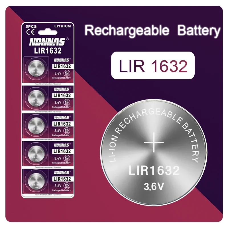 2-50 Pack LIR1632 LIR 1632 Lithium Rechargeable Battery For Car Key Remote Control Watch Clock Replace CR1632 Button Battery