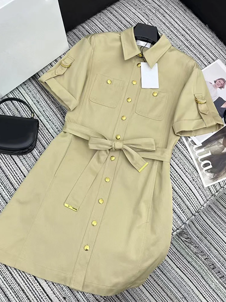 

Vintage lapel short sleeve single row gold buckle strap waist dress 2024 summer women's new fashion luxury straight skirt