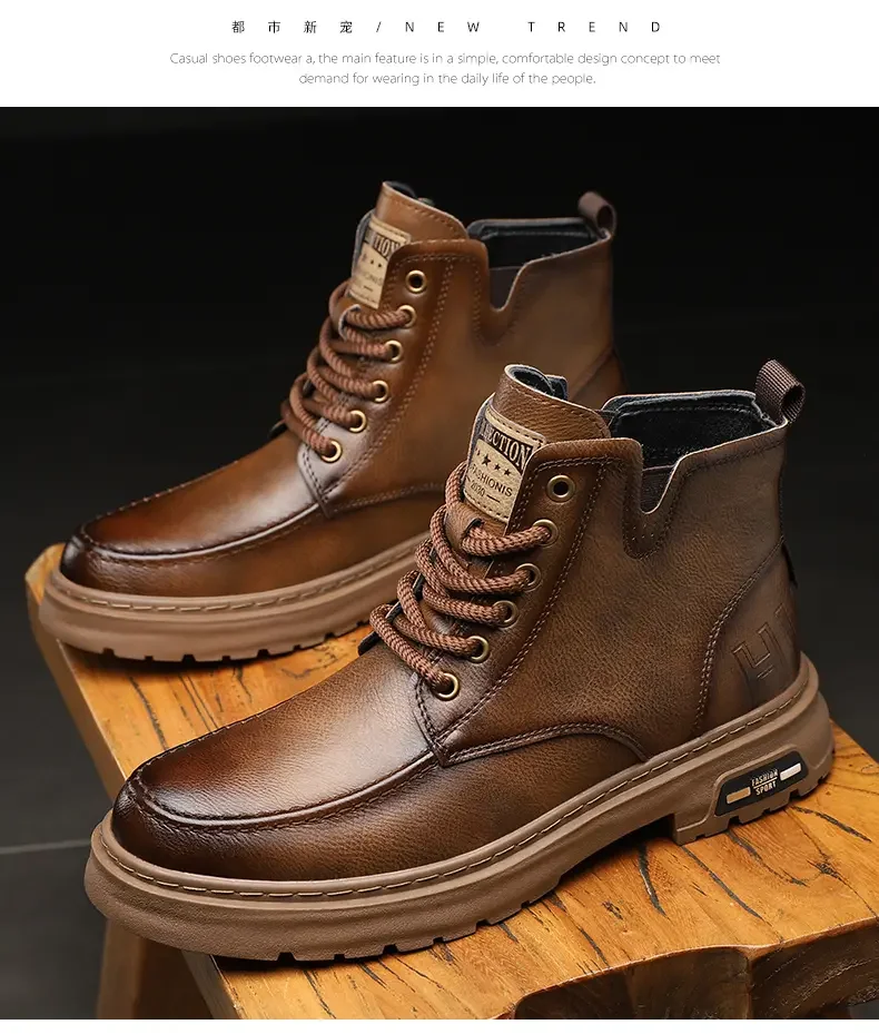 

New Men's Casual Leather Boot Autumn Winter Soft Sole Non Slip High Top Waterproof Work Boot High Quality Lace Up Ankle Boot