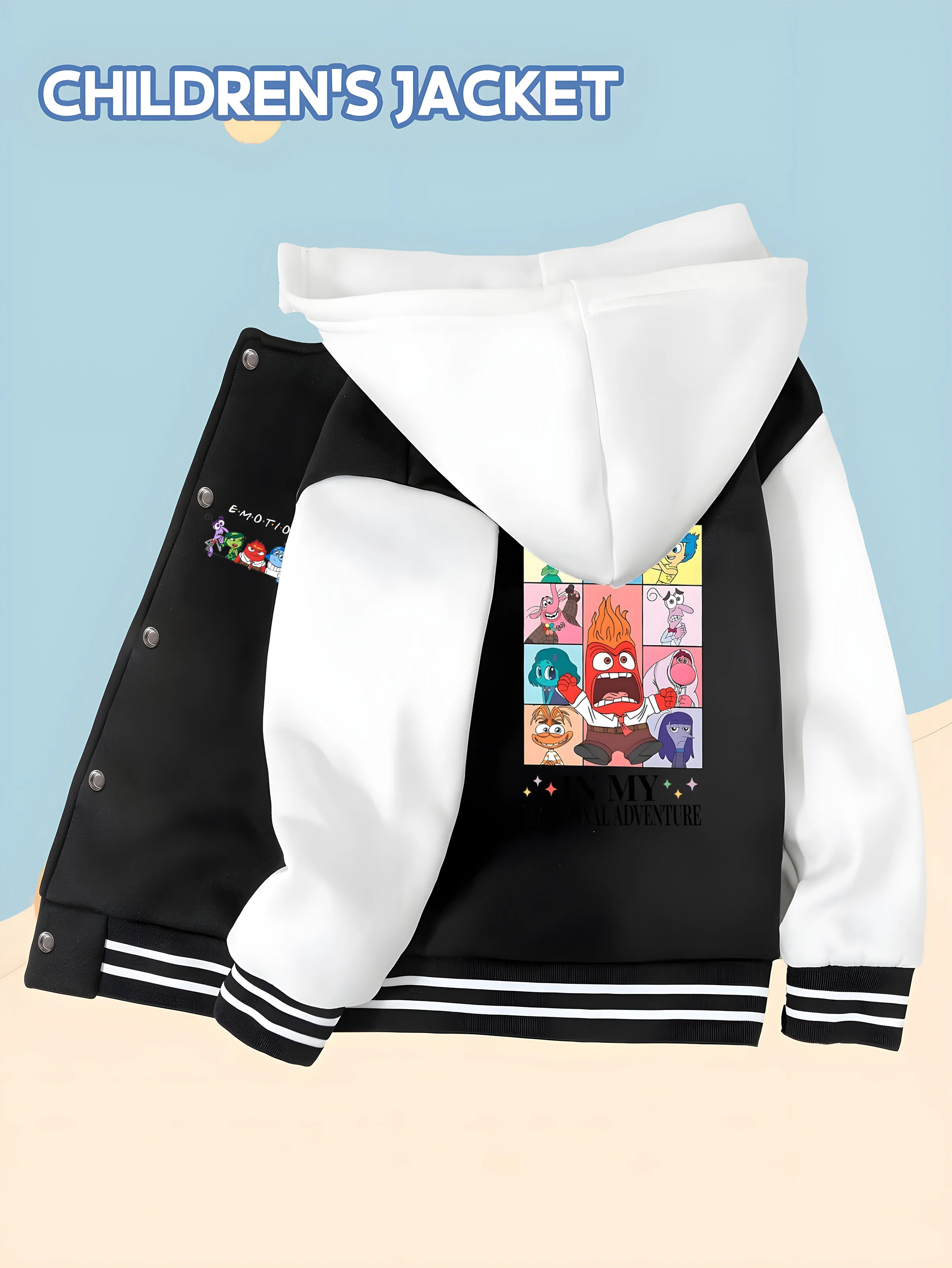 

MINISO Disney Boys' Baseball Jacket - Inside Out Mood Print, Characters on Back, Perfect for School, Creative Fashion