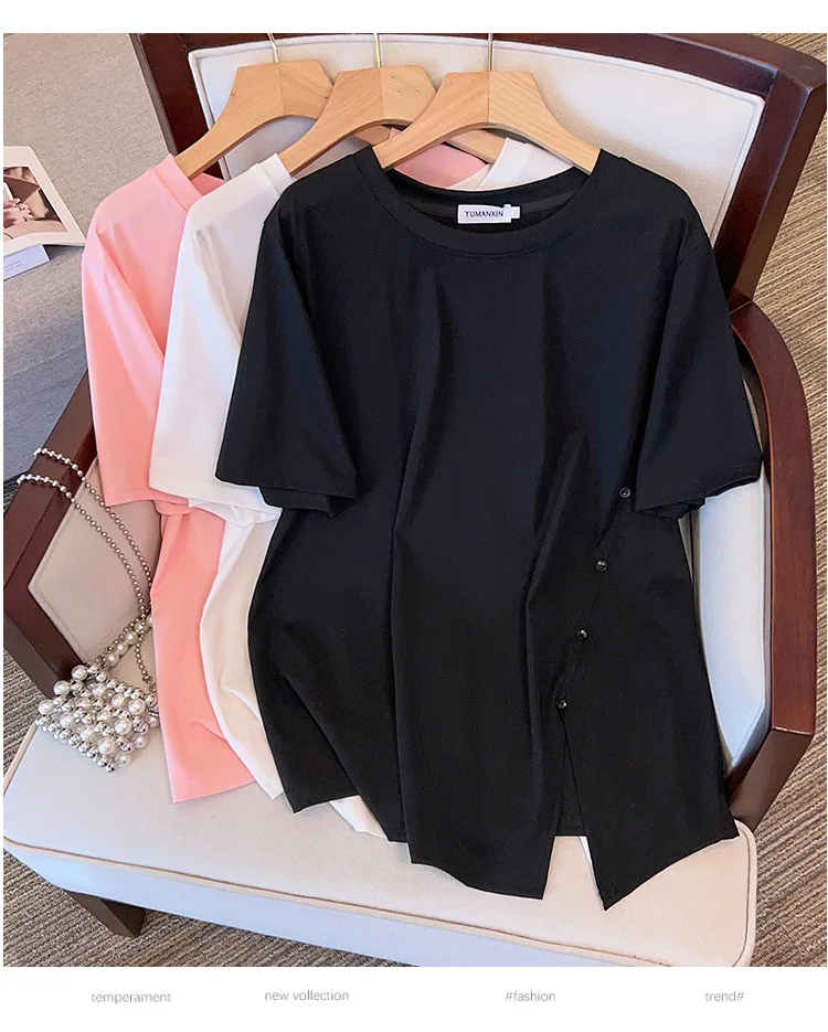 170Kg Plus Size Women\'s Bust 170 Summer Loose Short Sleeve Split T-shirt Black White Pink Large 5XL 6XL 7XL 8XL 9XL 10XL