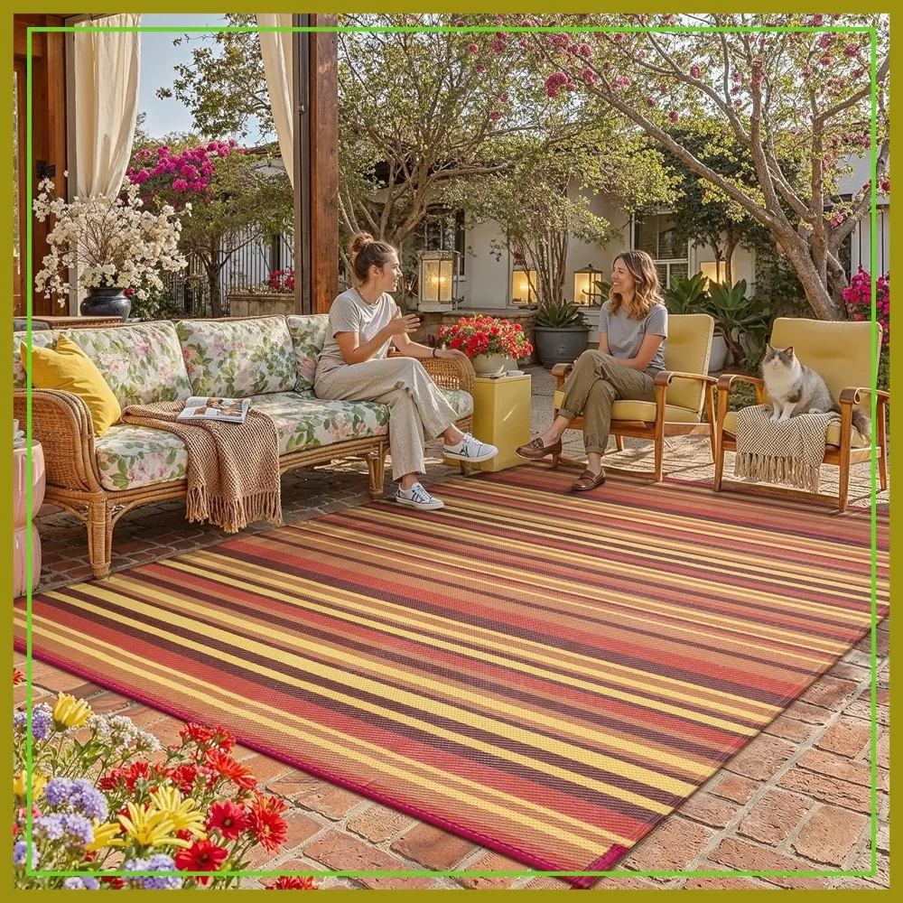 

Outdoor Plastic Straw Rug 8x10 Waterproof Reversible Red Orange Stripe Mat for Patio Deck Camping