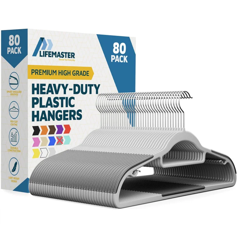 

80Pack Plastic Clothes Hangers with Non Slip Rubber Coating 360° Swivel Hook for Coats Jackets Suits Closet Organizer Set