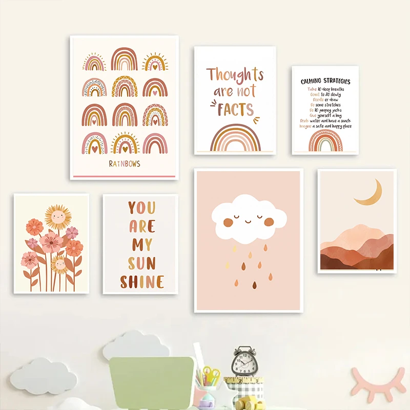Boho Nursery Wall Art Prints Cute Animal Rainbow Sun Moon Heart Affirmation Poster Kids Bedroom Decor Baby Room Wall Decor Gift