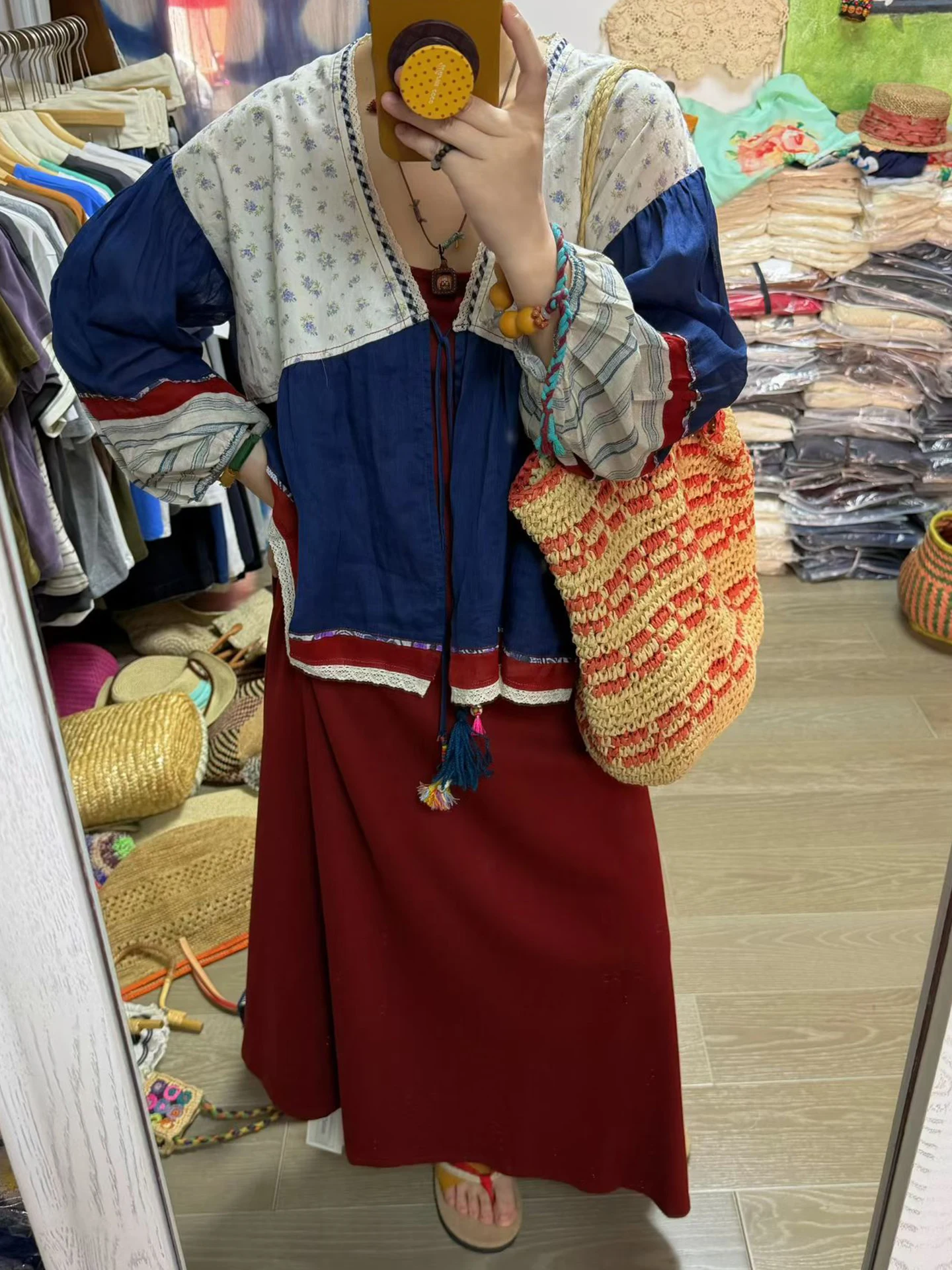 

Retro Style Blue And Beige Heavy Stitched Patchwork Shirt with Lace Trim for plus Size Women Spring Summer Loose Fit Ladies B...