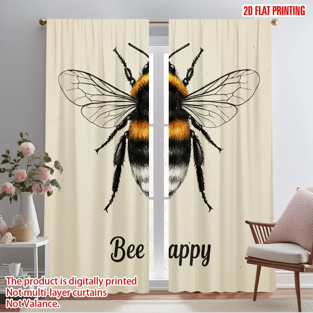 

2pcs 2D flat printing Window Curtains Bumble Bee Happy Polyester Without Electricity Holiday Decorations Use for New Year