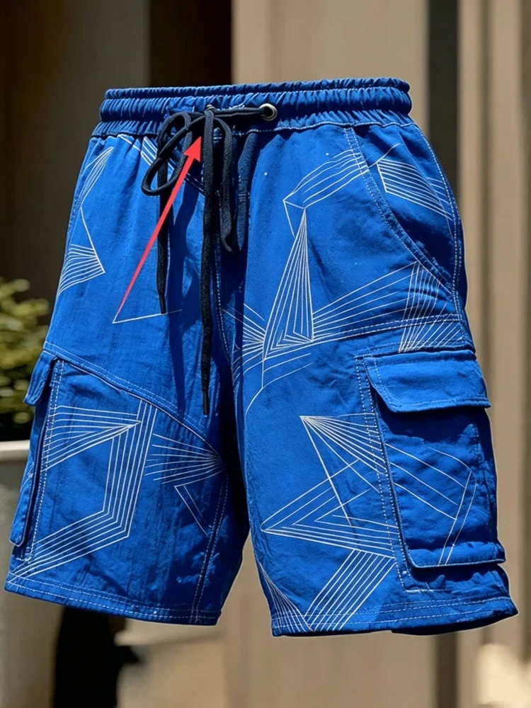 Men Bright Blue Abstract Line Triangle Print Multi-Pocket Cargo Shorts Elastic Drawstring Waist Casual Shorts