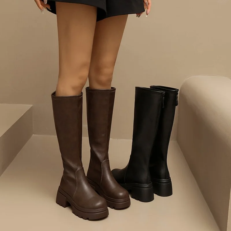 New European and American Knee-High Boots for Autumn and Winter Women's Platform Square-Toe Stretch Boots Skinny Boots Waterproo