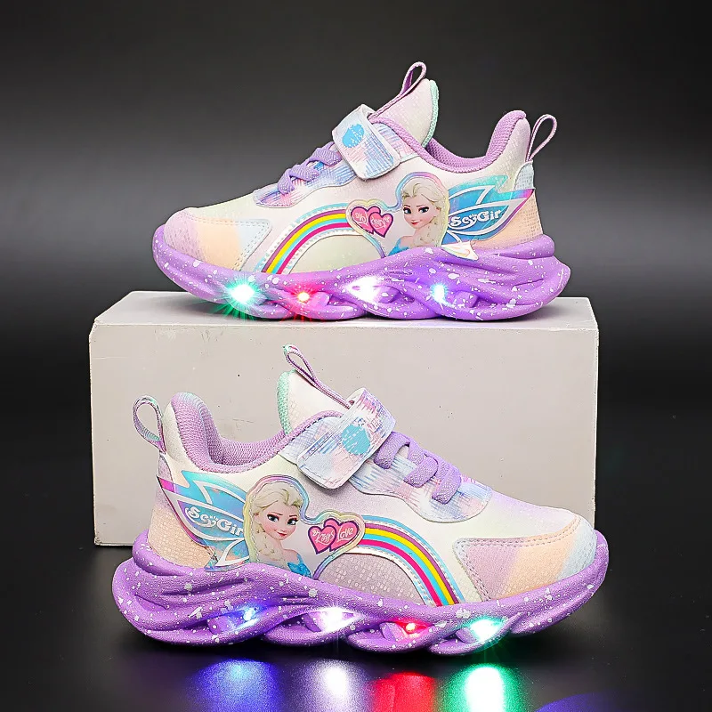 Cartoon Girls Frozen 2 Casual Shoes LED Light Up Sneakers Disney Elsa Princess Baby Running Sports Shoes