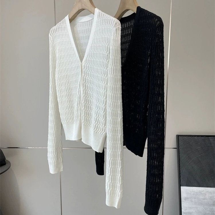 

Женский вязаный кардиган с V-образным вырезом из шелковой льняной пряжи, тонкой вязки, с узором «косы» и вырезами, весенняя модная повседневная верхняя одежда