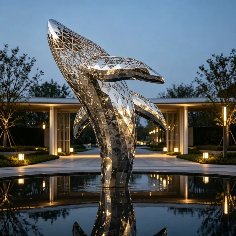 Contemporary Hollow Diamond Cut Whale Water Flow Sculpture, Mirror Polished Animal Ornament For Outdoor Garden Public Art Decor