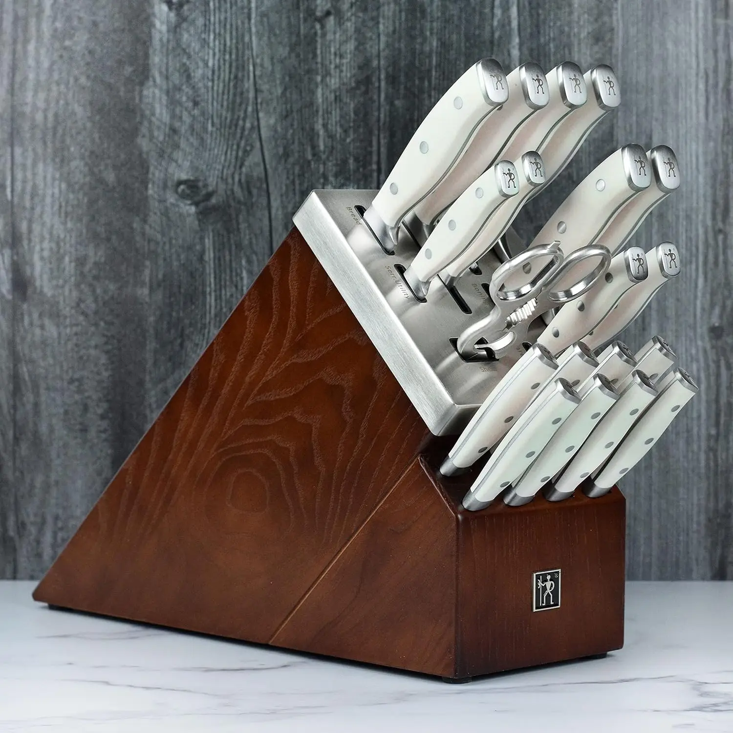 Forged Accent 20 Piece Self Sharpening Knife Block Set with Off-White Handles