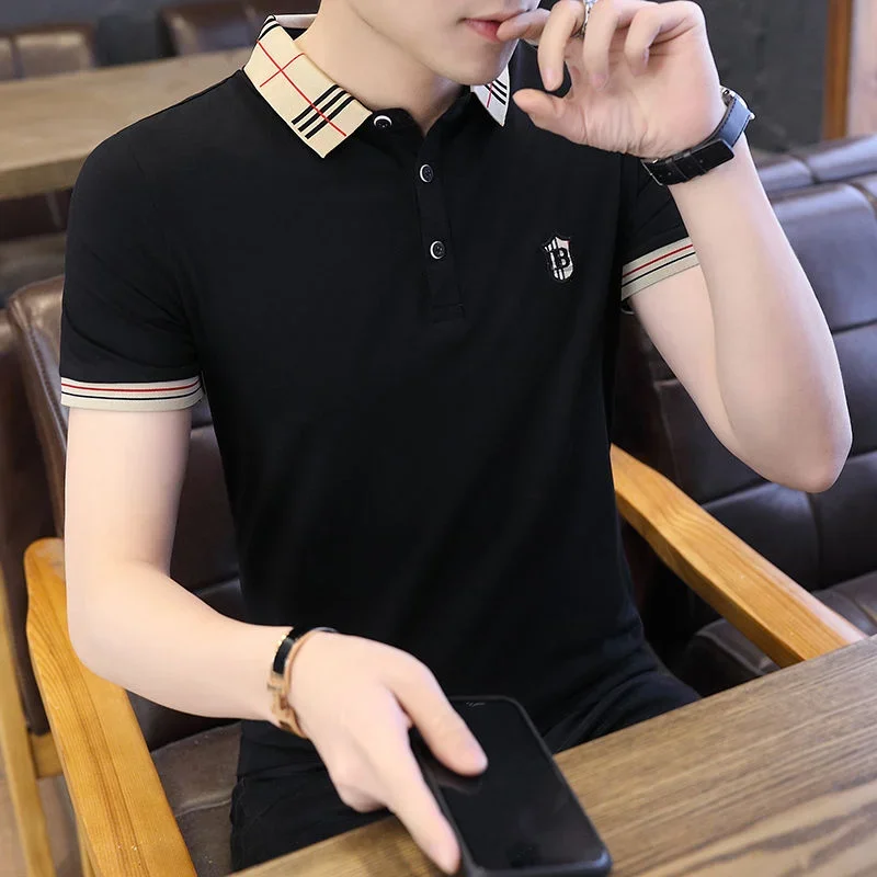 Male Polo T Shirts Purple Clothing Striped Streetwear Graphic with Collar Tee Shirt for Men Embroidery Top Summer Smooth Fashion