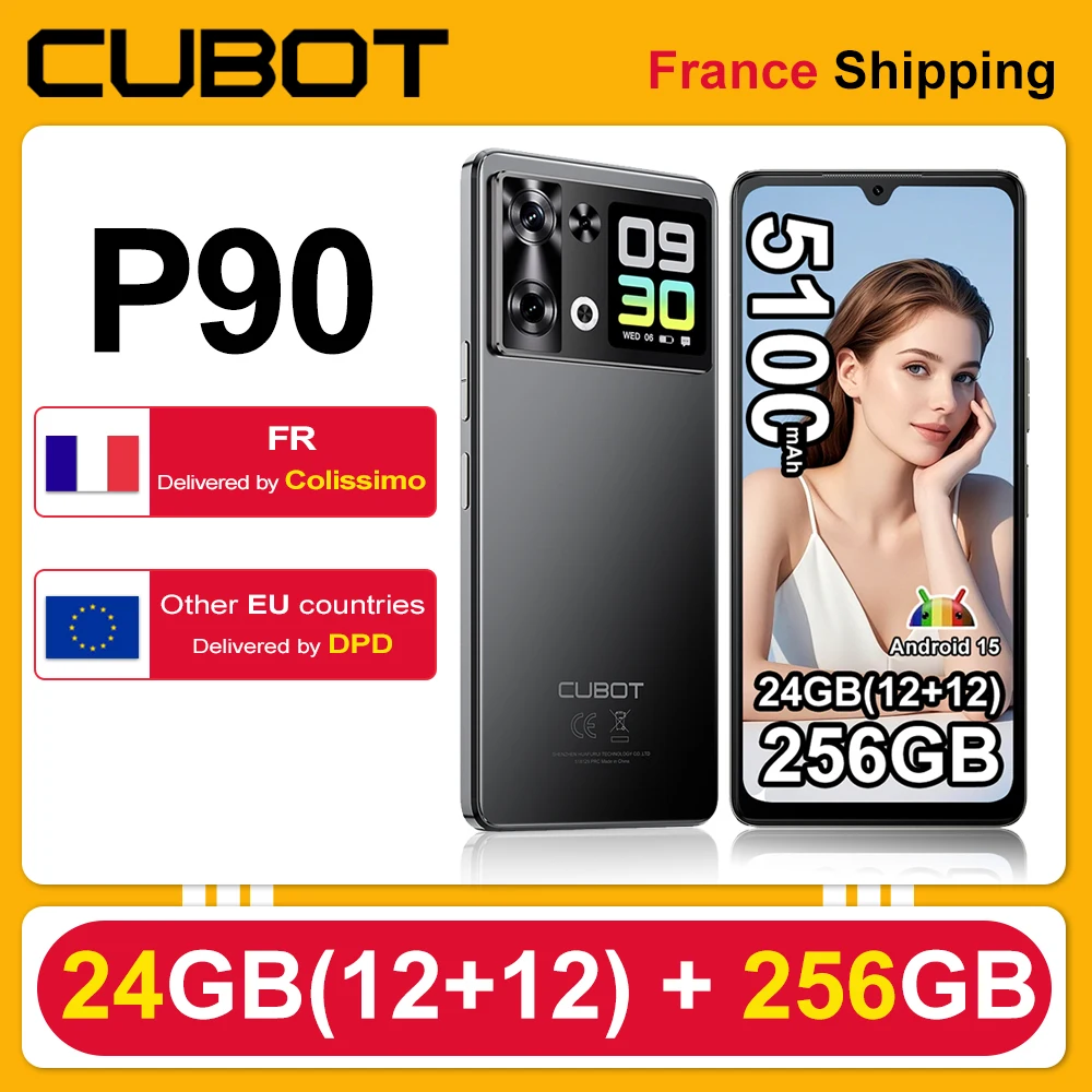 Smartphone Cubot P90 Android 15 24(12+12)Go + 256Go 6.88" 120Hz G100 64MP+16MP 5100mAh Téléphone Portable NFC Face ID Empreinte Digitale
