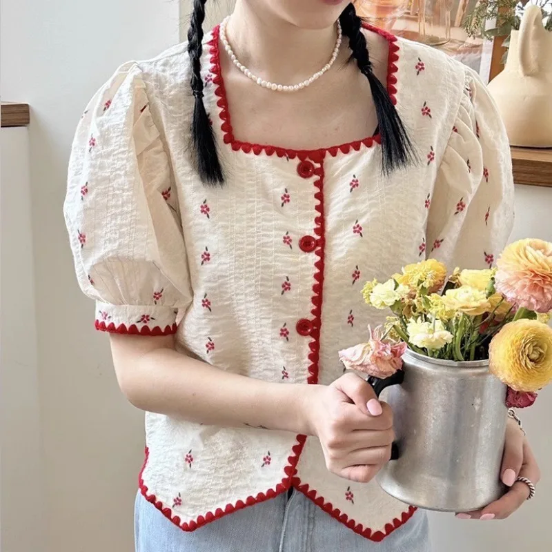 2024 Summer Korean Fashion Vintage Blusas Mujer Square Collar Contrast Color Stripe Blouses Single-breasted Flower Print Shirts