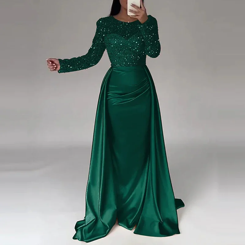 Elegant  Women Sequin  Draped Tight Evening Dress  Sexy   Hollow Shining  O-neck Mesh Splicing Long Sleeve Party Dress  Vacation