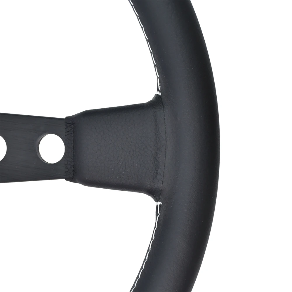 370mm Sports Classic Steering Wheel 6 Holes Black Spoke Flat White Stitching Racing Steering Wheel with 5mm Thick Bracket 6