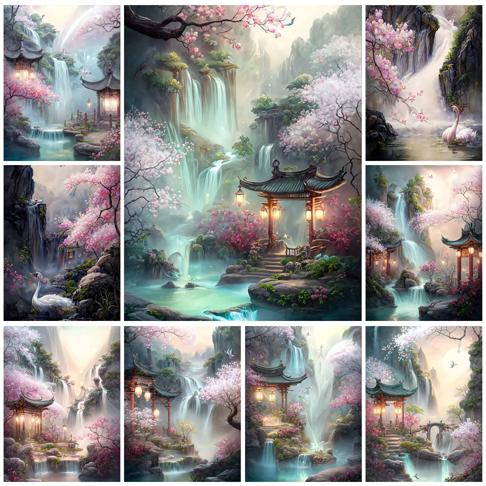 New Arrival 5D DIY Diamond Painting Cross stitch Kits Peach Blossom Valley Waterfall Scenery Mosaic Embroidery Rhinestone AS3447