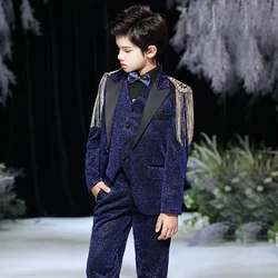 Children Formal  Tuxedos Suit Blue Shiny Dress Suit sets Size 2years -16 years Piano Performance Birthday Party Costume blazer