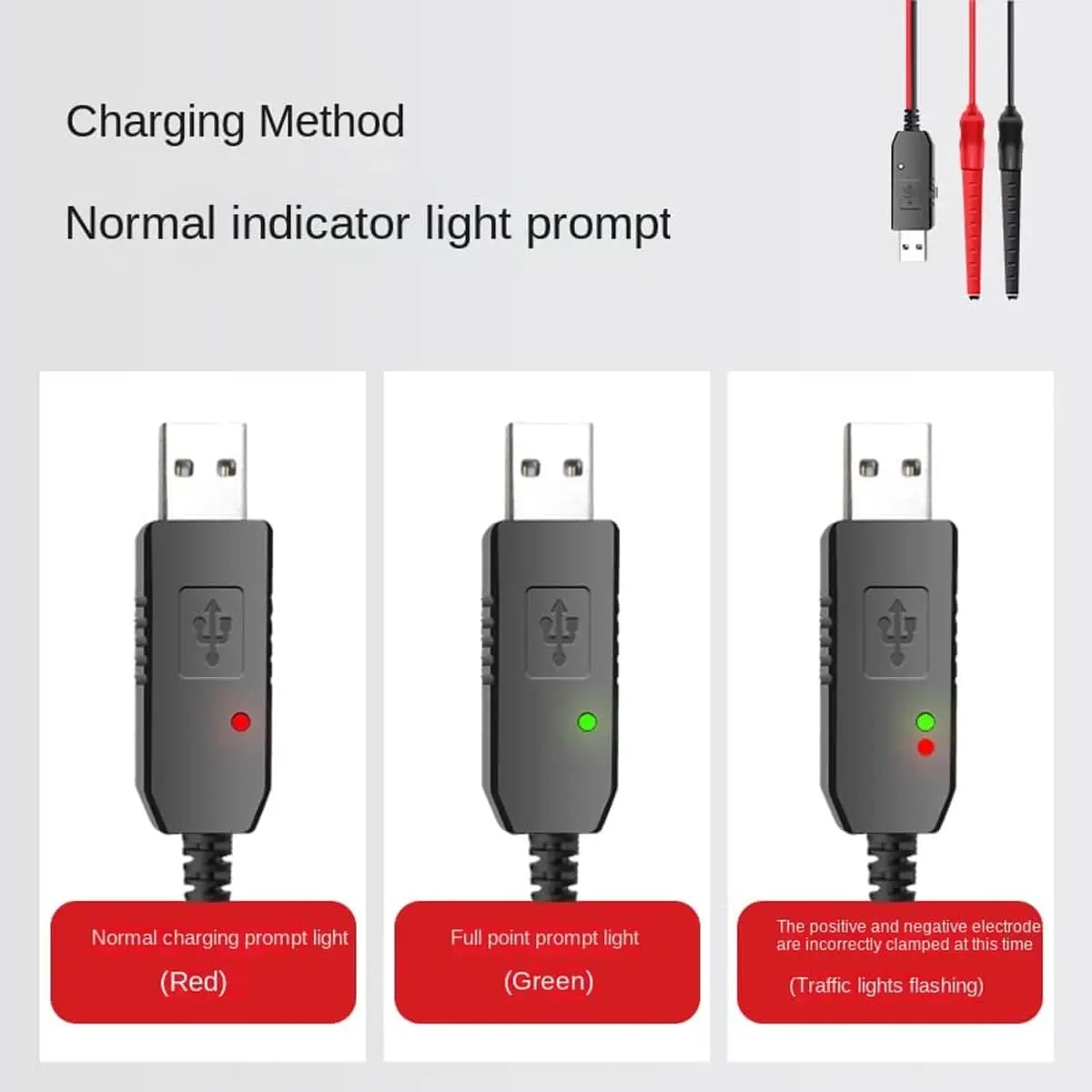 USB-Ladekabel, Zwei-Wege-Radio-Transceiver, Lade-Clip-Klemme mit Kontrollleuchte (3,4 V–7,4 V), ein Streifen