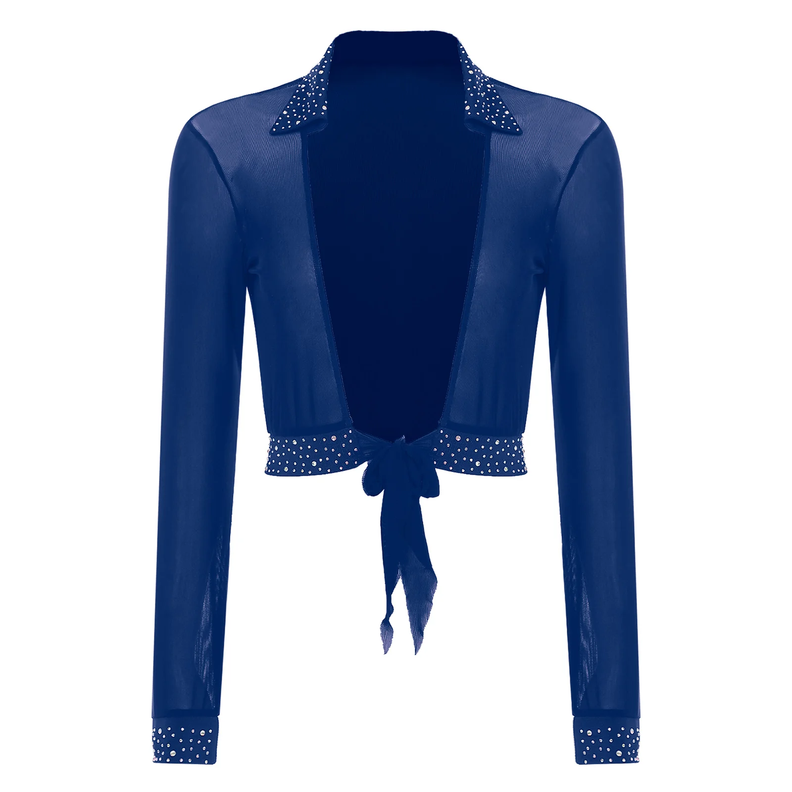 

Womens Ballet Cardigan Shiny Rhinestone Sheer Mesh Lapel Long Sleeve Open Front Tying Bolero Cropped Jackets Dancewear Accessory