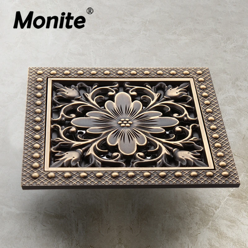 Monite Antique Brass Invisible Floor Drain Rose Pattern Retro Solid Brass Bathroom Basin Sink Kitchen Floor Drain 15x15 cm