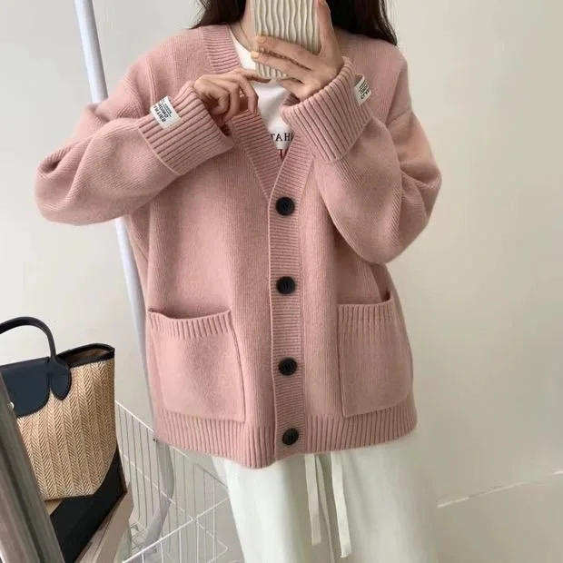 

2025 Women's Clothing Loose レディース 카디건 여성가을 옷 Button Solid Color Large Pocket Long Sleeve Autumn And Winter Warm Cardigan Jacket