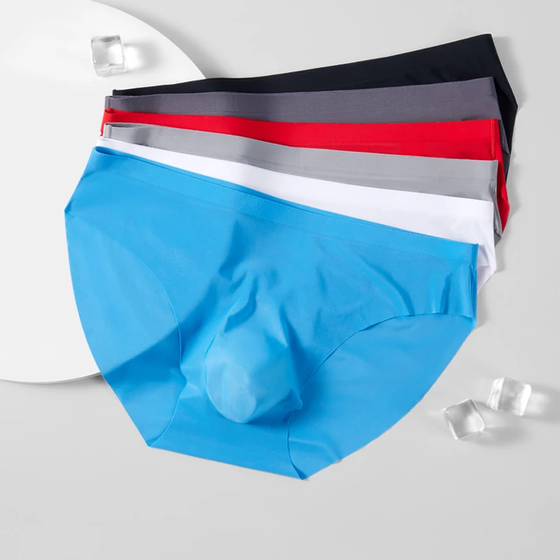 Cueca sem costura masculina cuecas de seda gelo 3d bolsa ultra-fina transparente cueca masculina verão calcinha de uma peça sexy cuecas