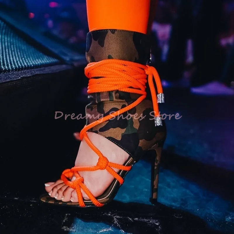 

Patchwork Orange Lace Up Hollow Gladiator Sandals Women Peep Toe Back Zipper Thin High Heels Retro Sexy Party Club Western Boots