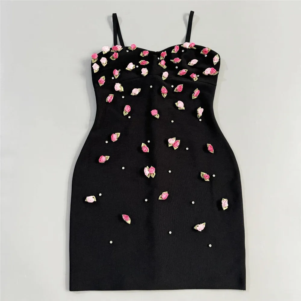 Women Summer Spaghetti Strap Diamonds Flowers Bodycon Mini Elastic Bandage Dress Celebrity Evening Club party Dress Going Out