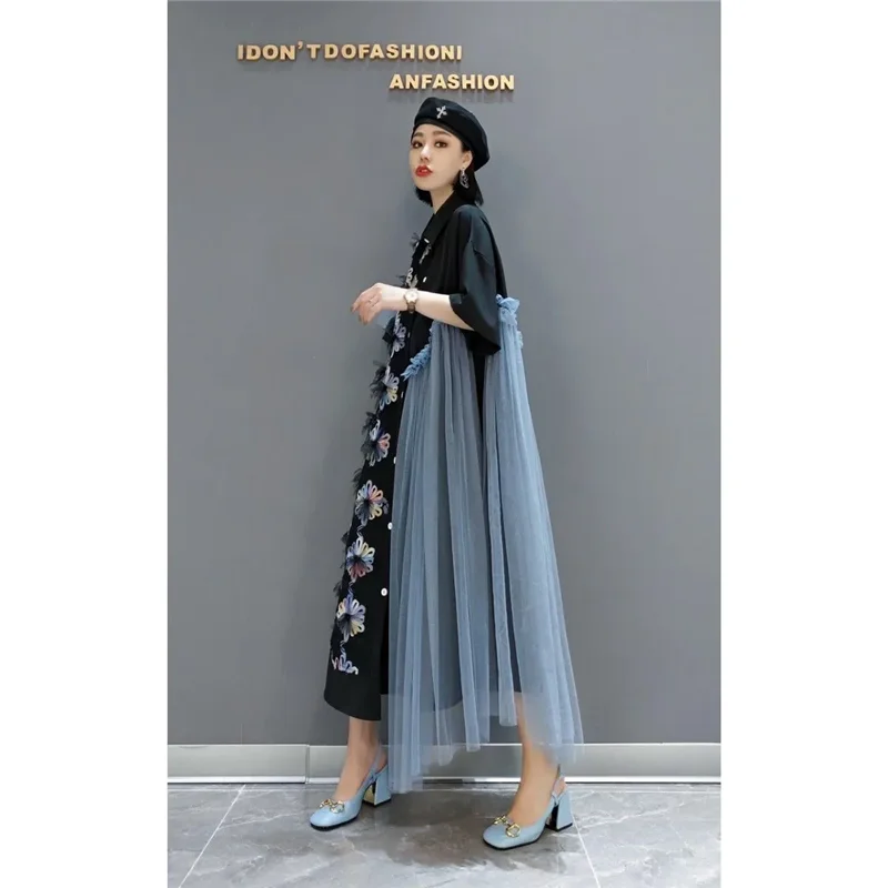 Robe chemise longue d'été pour femmes, grande taille, nouvelle mode, ample, décontractée, boutons, gaze, jonction ensemble, jupe noire, un mot, 2025