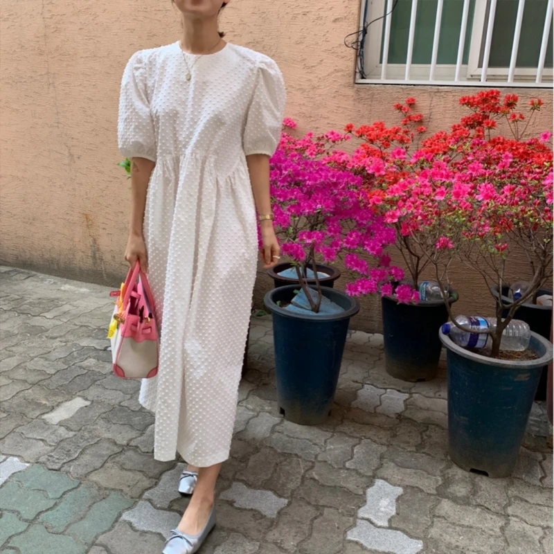 2024 Summer Women White Elegant Long Dress Casual O-neck Puff-Sleeve Dots Female Dress Ladies Loose Vestidos 9941