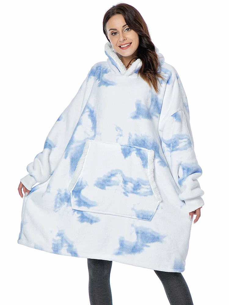 OverSized Soft Pullover Plain Hoodie Warm Fleece Blanket Plush Winter Sweatshirt - Blue Tie-Dye main image 1
