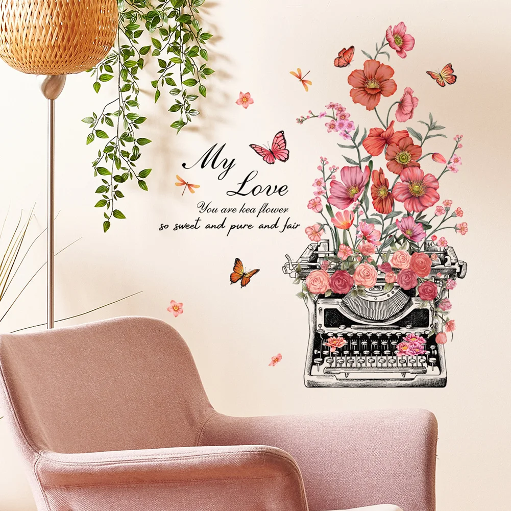 Vintage Printer Flowers Wall Sticker Living Room Sofa Background Home Decoration Wallpaper Decor Creative Self Adhesive Poster