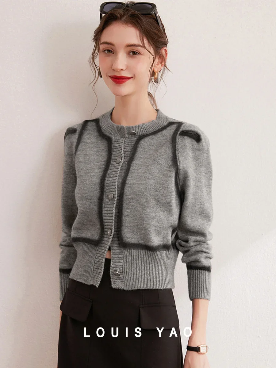 LOUIS YAO 2024 Winter Color Contrast Spray Dyeing Craft Fashionable Micro Elastic Thick Long Sleeve Women's Knitted Cardigan