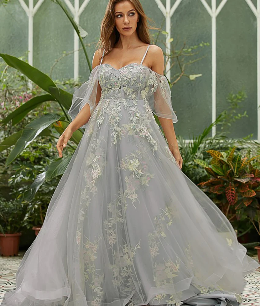 

Customized Delicate Organza A-Line Spaghetti Straps Appliques Flowers Evening Dress Sexy Short Sleeves فساتين سهرة