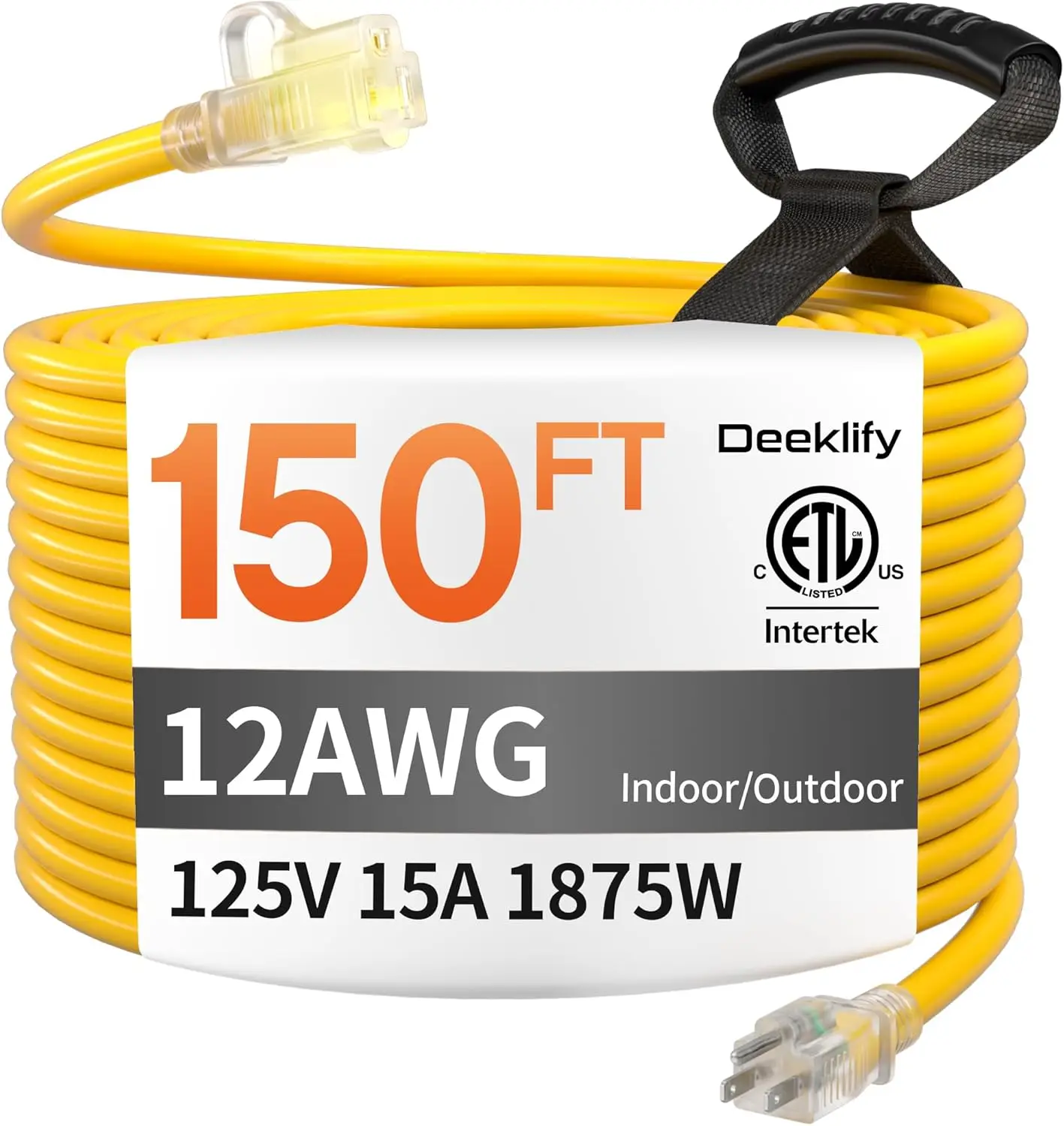 

12 Gauge 150 FT Heavy Duty Outdoor Extension Cord Waterproof with Lighted End,Yellow12 Gauge Extension Cord Flexible and Cold