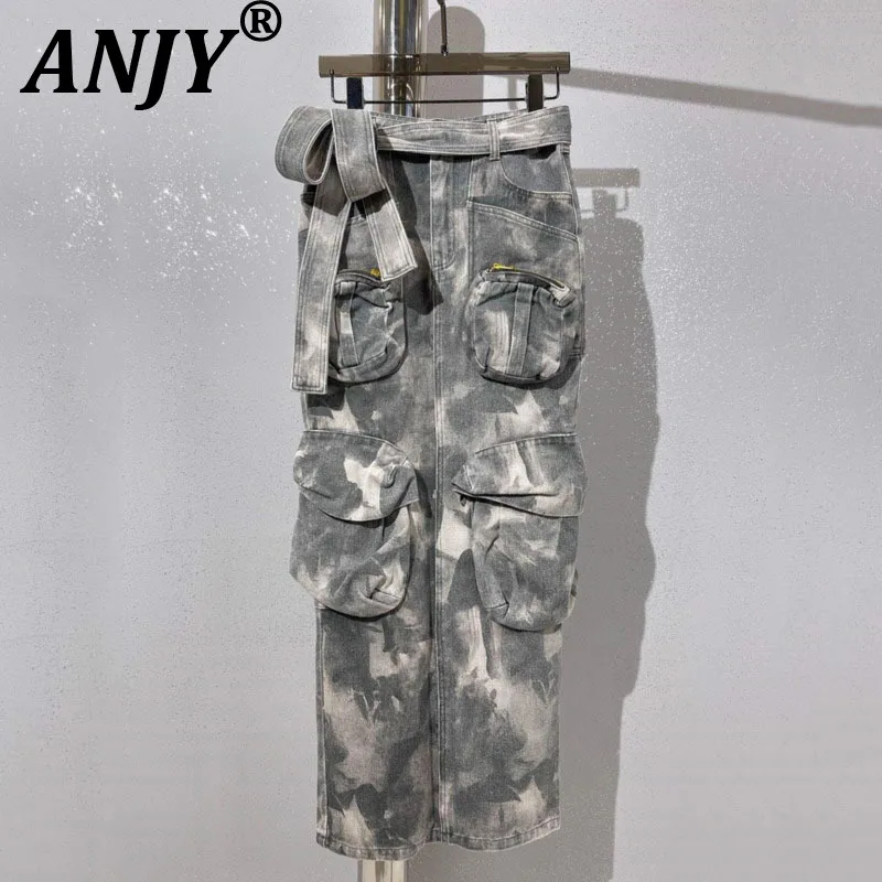 ANJY Spring Autumn New Women Fashion Niche Camouflage Multi-Pocket Tide Denim Skirt Trendy Chic Versatile Straight Skirts A17518