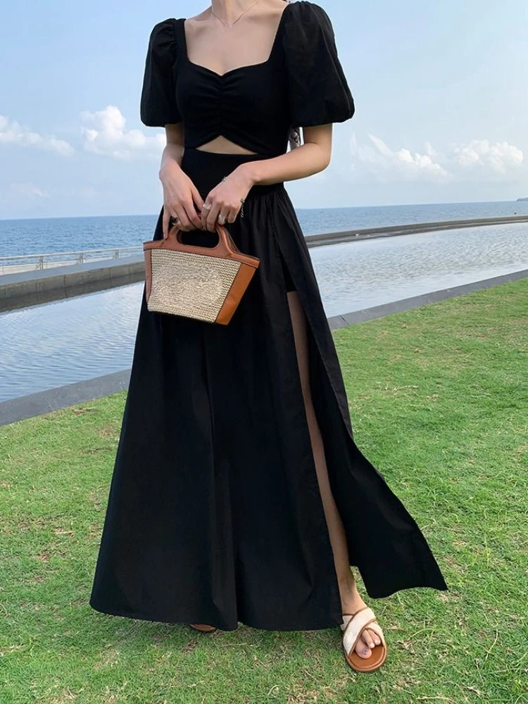 Hollow Out French Vintage Dress Women Pure Colour Causal Elegant Long Dress Female Puff Sleeve Retro Korean Fashion Split Dress