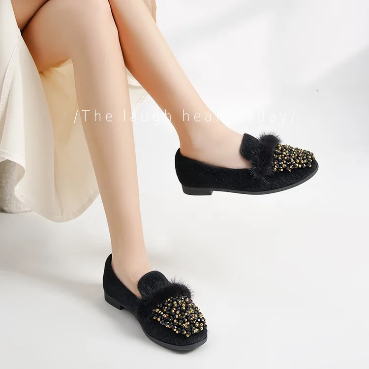 

Women Plush Flat Shoes with Glitter Decoration Loafers Warm and Plush Women Shoes Shallow Mouth Winter Fashion Low Heel Shoes