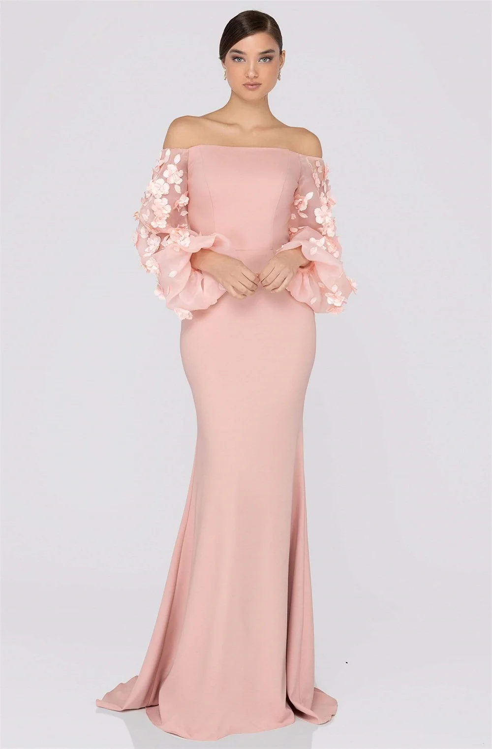 Splendidi abiti da sera lunghi a sirena maniche a sbuffo principessa accento floreale Off-the-shoulder Sweep Train Celebrity Prom Party Gown