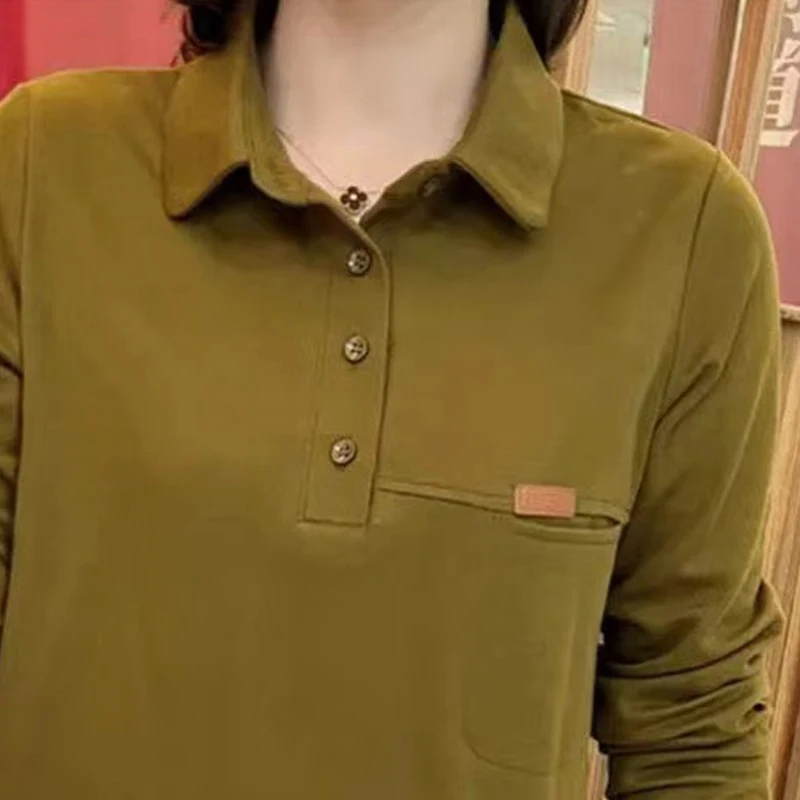 Polo de manga larga con cuello vuelto para mujer, camiseta informal holgada con botones, jersey que combina con todo, Color sólido, primavera y otoño, novedad de 2023