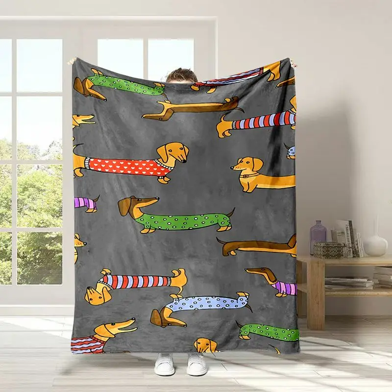 VIKAMA Grey Base Sausage Dog Blanket Cartoon Dachshund With Cute Sweater Print Soft Warm Teen Dorm Office Couch All Season Throw