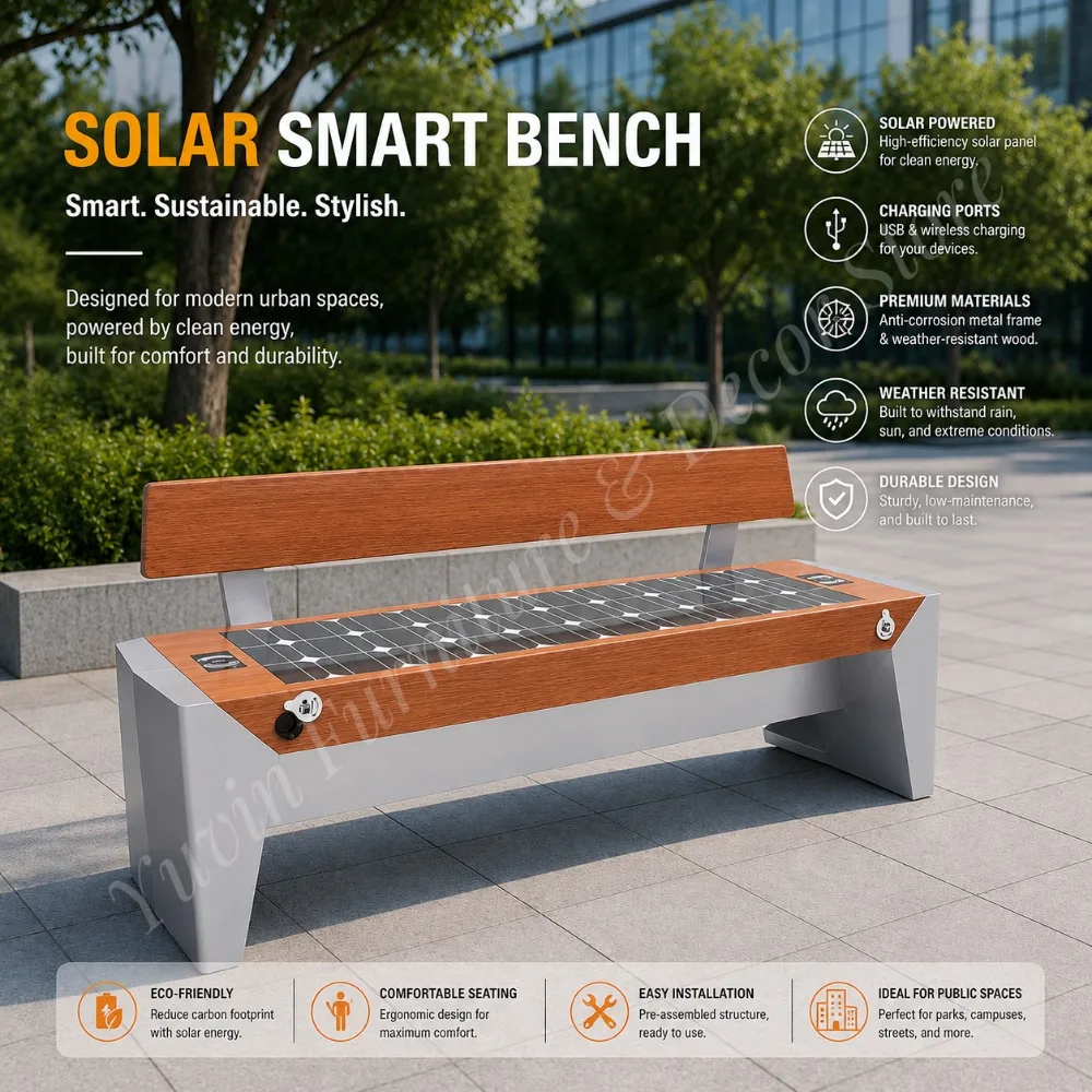 High Quality Modern Solar Powered Stainless Steel Waterproof Smart Patio Bench for Parks MallsSolar Smart BenchPublicsolar Bench