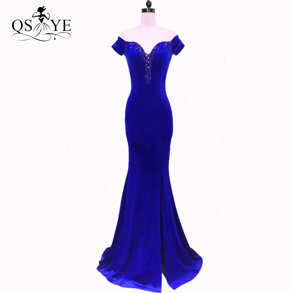 

Royal Blue Evening Dresses Stretch Velvet Long Mermaid Off Shoulder Prom Gown Bead Party Dress Side Sleeves Fitted Formal Gown