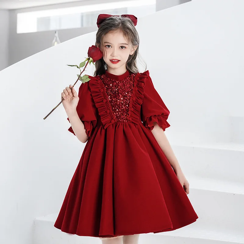 Maroon Christmas Dress Green Girls  Princess Party Gown Kids Winter Long Sleeve Ruffle Sequin Dresses Solid Color Velvet Elegant