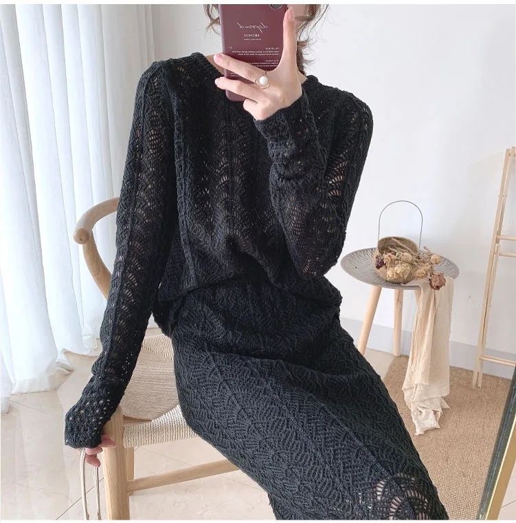 knitting suit women hollowed-out pencil long skirt casual Long sleeves sets