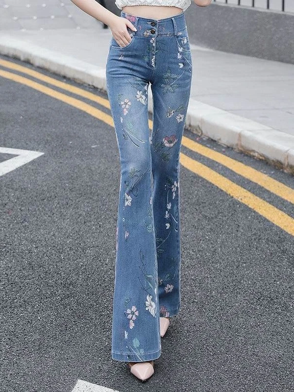 Korean Style High Waist Slimming Printed Elastic Bell Bottom Jeans Women's Spring Summer Autumn High Rise Long Pants