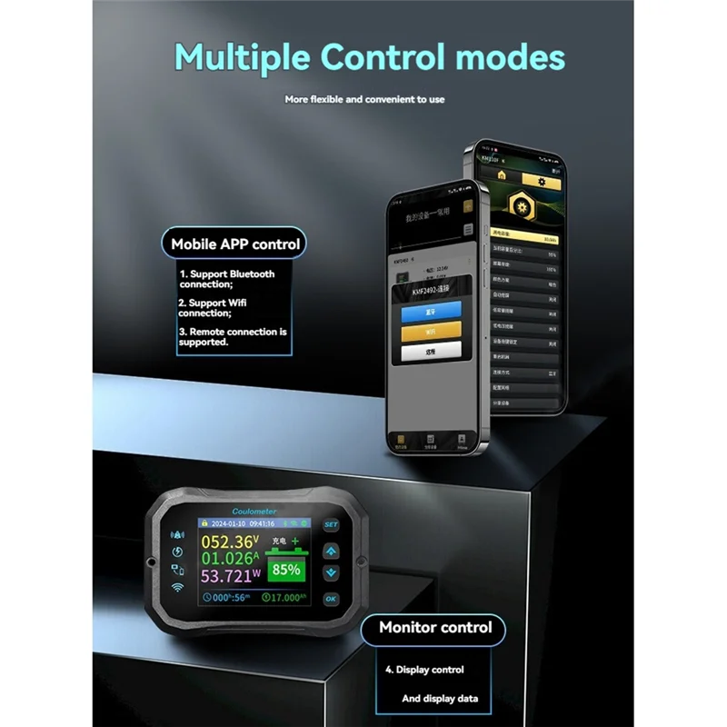 Wifi Coulomb Meter RV Batteria Monitor Indicatore di capacità della batteria Tester Volt-amperometro di potenza per tutte le batterie C