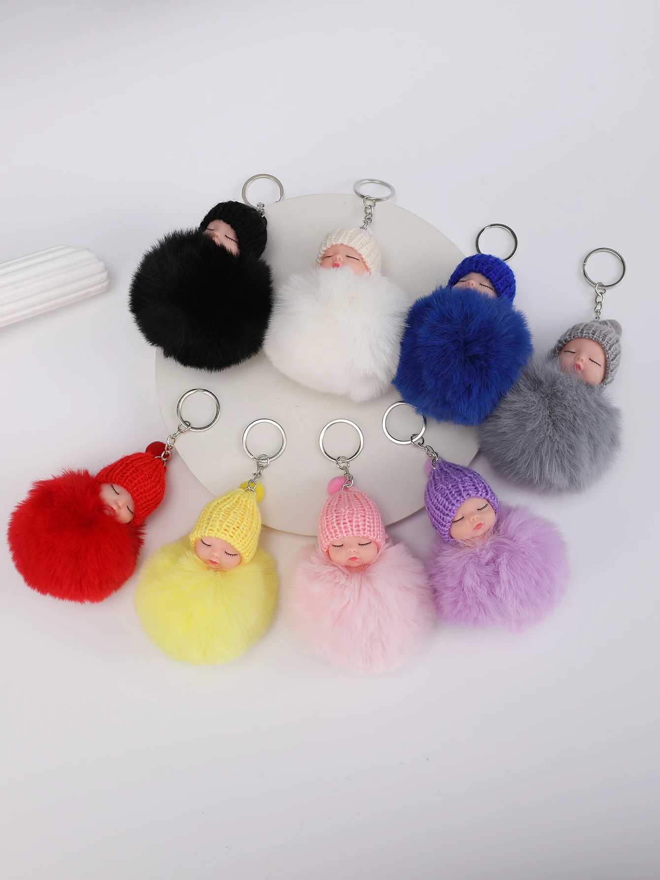 8pcs Sleeping Doll Fur Ball key Chain Men And Women Fashion Mobile Phone Car plush Doll Bag Accessories Pendant, Holiday Gift